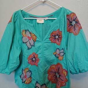 Maeve Teal Floral Embroidered Women's Top